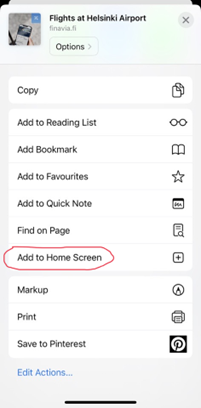 Select 'add to home screen’. A shortcut to finavia.fi