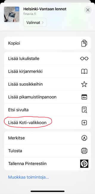 Valitse kohta ’lisää kotivalikkoon’.