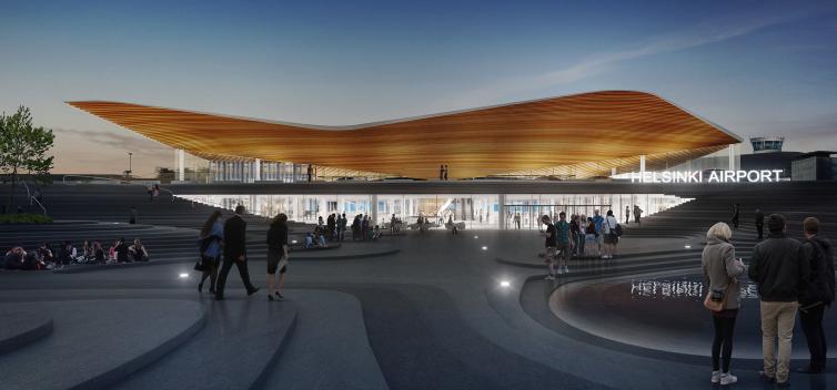 Architectural visualization of Helsinki airport's exterior.